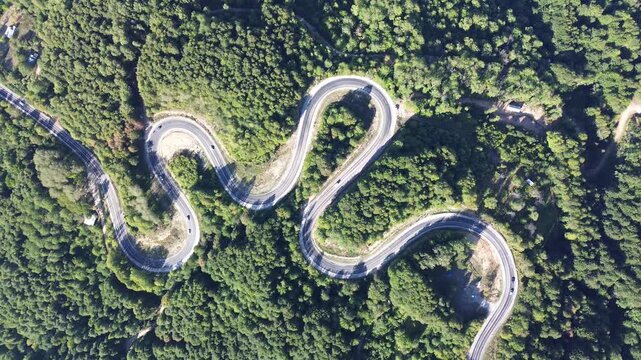 Aerial view of winding asphalt mountain road among green trees in summer. (Domani&ccedil;,İneg&ouml;l dağ yolu)	