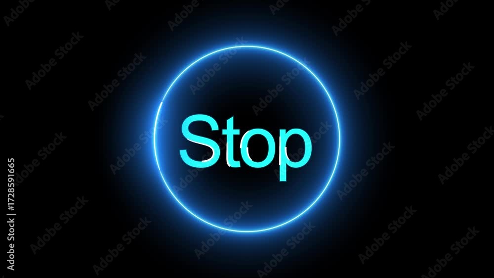 Poster neon stop button animation glowing cyan circle digital interface alert warning 4k hd. animated neon 