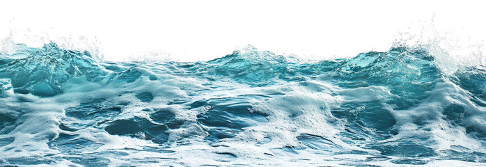 Fototapeta premium Blue sea wave with white foam and water spray, isolated on transparent cutout background