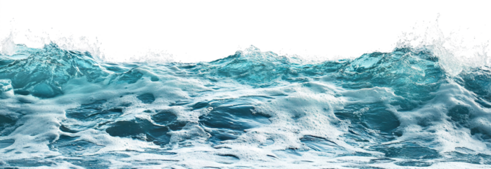 Blue sea wave with white foam and water spray, isolated on transparent cutout background