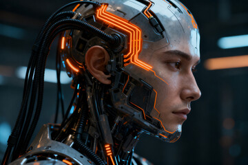 Fototapeta premium Cyborg with illuminated neural circuitry and advanced mechanical features in a futuristic setting