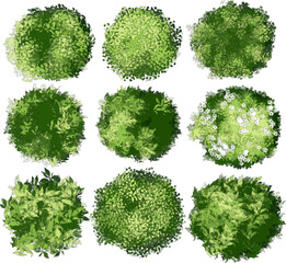 features a collection of nine stylized, top-down digital paintings of various green shrubs and bushes. The foliage is rendered in different textures and shades of green, with one bush including small 