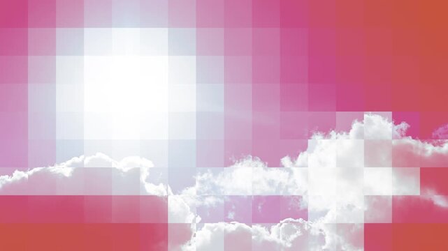 Orange and pink sky with the sun and white clouds moving across the image from left to right. Illustration for global warming and air pollution. Mosaic graphic effect. Seamless looping animation.