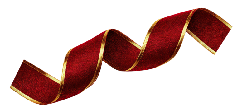 Red waving ribbon with gold trim, isolated on transparent cutout background
