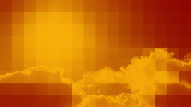 Red and orange sky with clouds crossing the image from left to right. Illustration for global warming and air pollution. Mosaic graphic effect. Seamless looping animation.