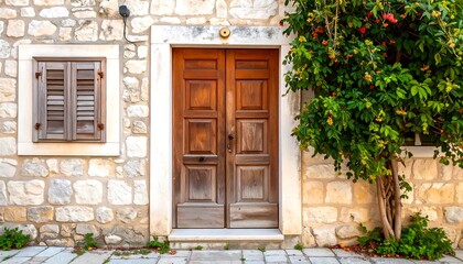 Rustic stone house facade with wooden double door, window shutters, and flowering shrub