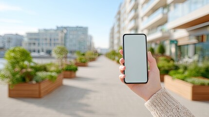 Hand Holding Smartphone with Blank Screen on City Sidewalk in Sunny Day with Greenery and Modern Building Background