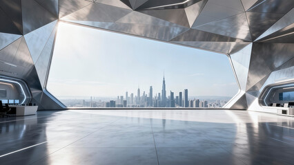View the city skyline from the interior of a geometrically cut metal space capsule