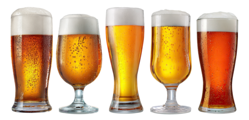 Set of various beer glasses with foam and condensation, isolated on transparent cutout background