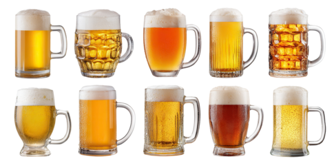 Set of various beer glasses with foam and condensation, isolated on transparent cutout background