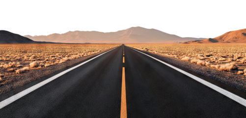 Straight desert highway stretching to horizon, isolated on transparent cutout background