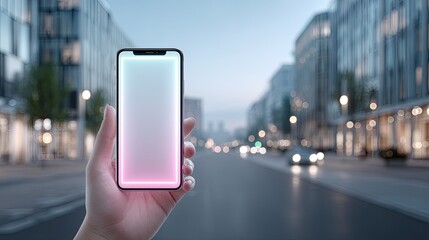 Hand Holding Smartphone with Glowing Screen on City Street at Dusk with Modern Buildings in Background