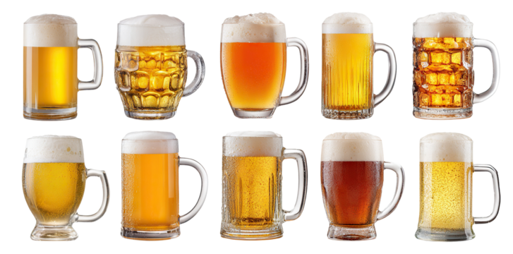 Set of various beer glasses with foam and condensation, isolated on transparent cutout background