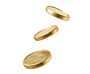 Three gold blank coins floating, isolated on transparent cutout background