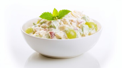 a Pristine White Bowl Filled with a Classic Salad, Featuring Fresh vegetables, All Arranged on a Pure White Background to Highlight the Importance of Nutritious and Wholesome Eating Habits