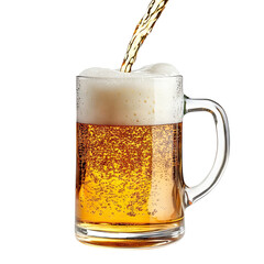 Beer being poured into mug with splash and foam, isolated on transparent cutout background