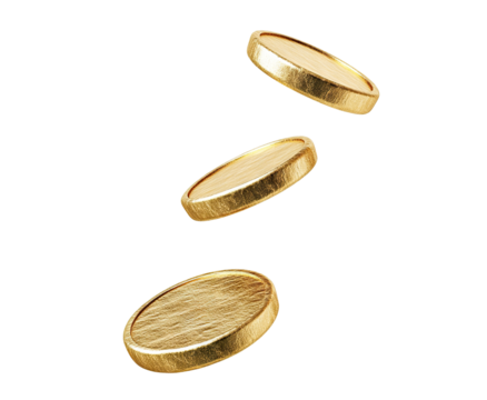 Three gold blank coins floating, isolated on transparent cutout background