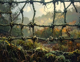 Foggy forest through a knotted rope fence