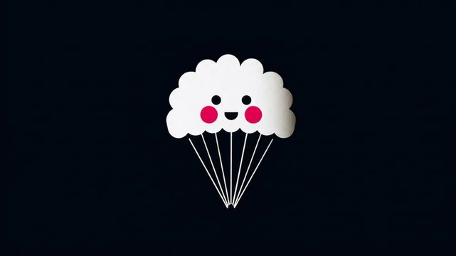 A white cloud-shaped parachute with a happy face, against a black background