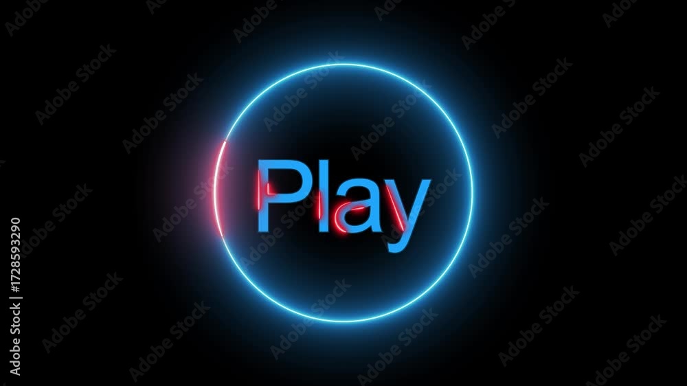 Poster neon play button animation glowing red blue circle digital interface loop 4k ultra hd. animated neon