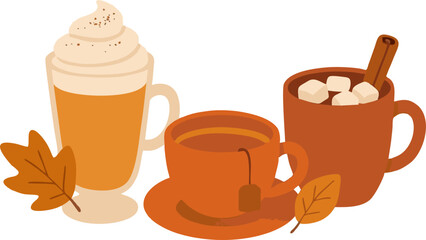 Warm autumn drinks (pumpkin spice latte, tea, cocoa)