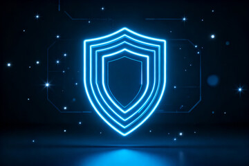 Neon blue shield emblem glowing against a dark starry background with digital circuit patterns.
