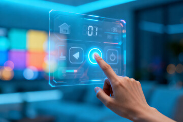 A hand interacting with a transparent futuristic touchscreen interface displaying digital controls and icons in a high-tech environment.