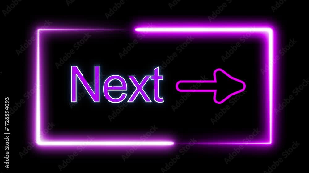 Poster neon next button animation purple arrow glowing sign motion graphics seamless loop 4k hd. neon next 