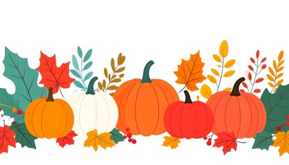Pumpkins with autumn berries and leaves, seasonal clipart isolated on clean white background.