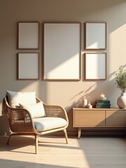 Fototapeta premium Mockup poster frames in modern Scandinavian living room interior with rattan armchair, wooden sideboard, candles, and natural sunlight