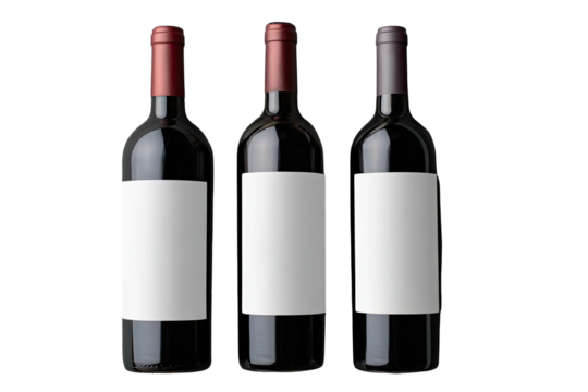 Three red wine bottles with blank white labels
