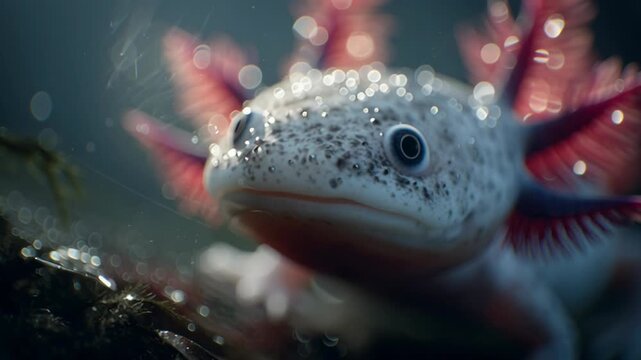 4k video of a cute white axolotl.