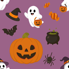Seamless Halloween Pattern With Pumpkin Ghost Bat And Candy
