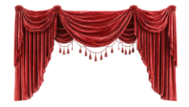 Rich crimson drapes, ornate