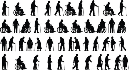 Elderly silhouettes in diverse postures, walking, sitting, interacting, mobility aids, aging lifestyle, senior care, wheelchair users, healthcare, community, support, independence