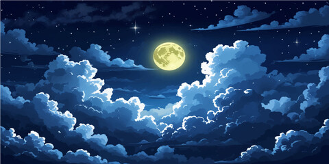 A bright moonlit cloudscape hangs over a dark sea, casting an ethereal glow on a majestic iceberg