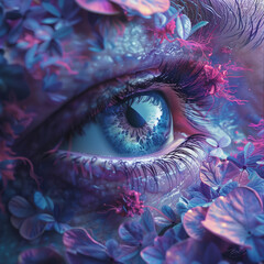 Surreal Botanical Eye with Purple and Magenta Flower Petals – Psychedelic Fantasy Digital Art wallpaper background graphic 