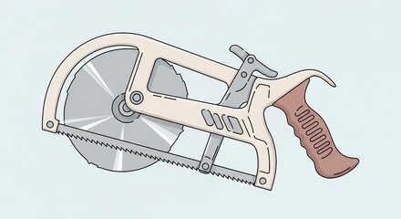 Fototapeta premium Orthopedic Cast Saw Illustration with Circular Blade and Wooden Handle in Light Beige Frame Against Soft Blue Background Flat Style Depiction of a Medical Tool with Precise Details for Orthopedic Use