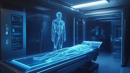 Futuristic body scan reveals patient data in a high tech lab setting