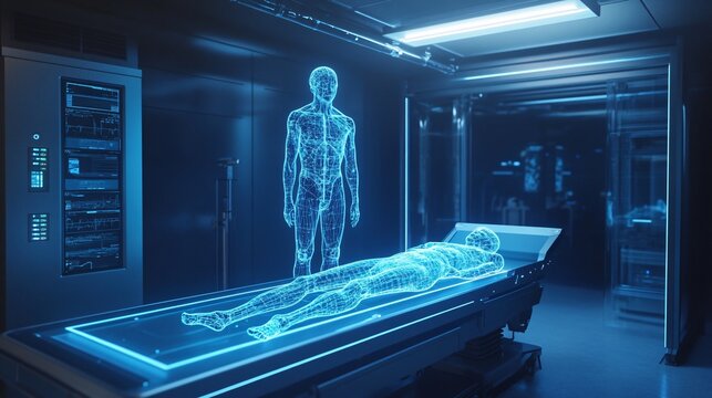 Futuristic body scan reveals patient data in a high tech lab setting