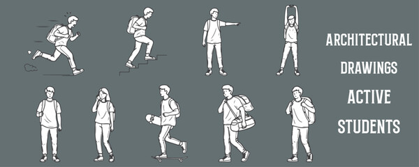 Architectural Drawings active students jogging lightly, running with backpack, walking up stairs vector illustration,  front view, human person Minimal style hand drawn.