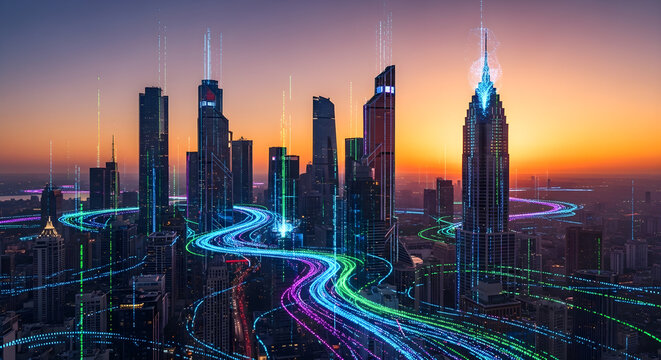 Futuristic cityscape at sunset with vibrant data streams and glowing light trails connecting modern skyscrapers, symbolizing digital connectivity and smart urban development.