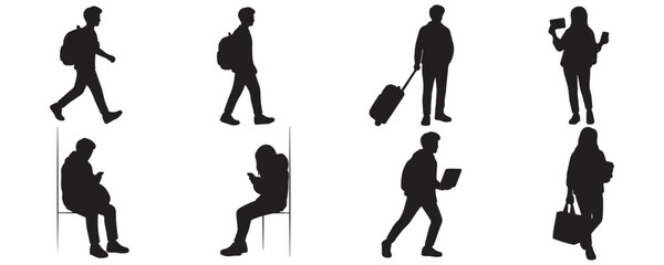 Architectural Drawings silhouette commuting students walking with backpack, pulling small luggage, holding bus pass vector illustration,  front view, human person Minimal style hand drawn. © MkJutt