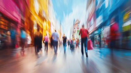 Abstract blur of diverse people walking on vibrant city street