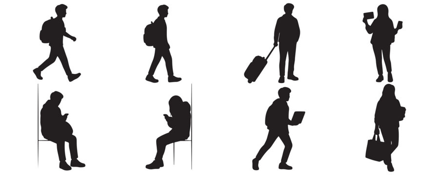 Architectural Drawings silhouette commuting students walking with backpack, pulling small luggage, holding bus pass vector illustration,  front view, human person Minimal style hand drawn.