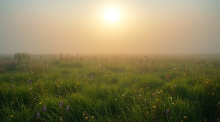 Serene sunlit meadow bathed in the golden light of a misty morning sunrise