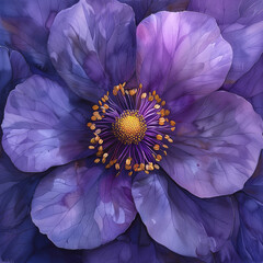 purpled  Flower Watercolor, Golden Stamens, Botanical Illustration Art