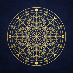 Sacred geometry logo with a mandala pattern, for a wellness brand. Symmetrical, intricate lines, gold foil on a dark blue background