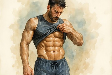 Muscular man with well defined abs lifting his shirt to show his physique and toned body