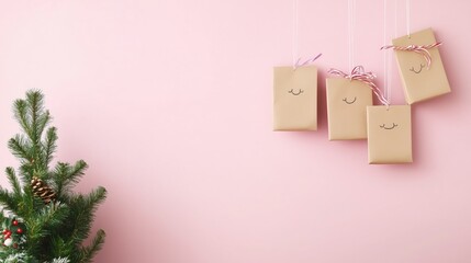 Minimalist holiday gift wrap display with pine branch on soft pink background
